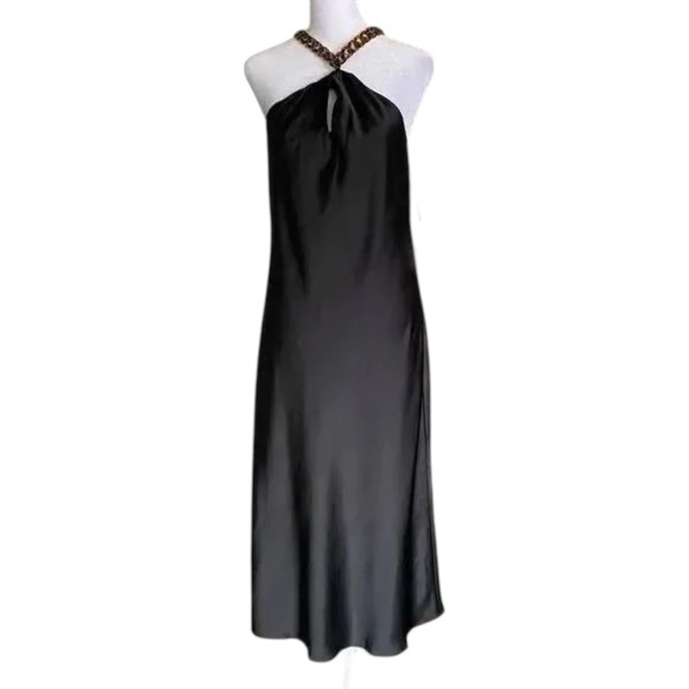 Jason Wu Sz Medium Black Satin Halter Maxi Dress Chain Neckline Elegant Evening